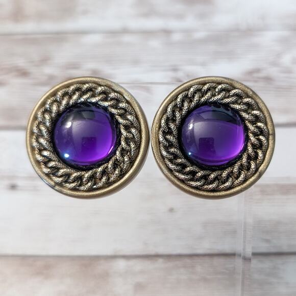 Vintage Clip On Earrings Large Antique Gold Tone & Purple Statement Earrings - Picture 1 of 10